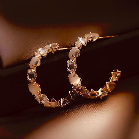 Gold Plated White Opal Hoop Earrings by Grathia Cero - Picture 6 of 8